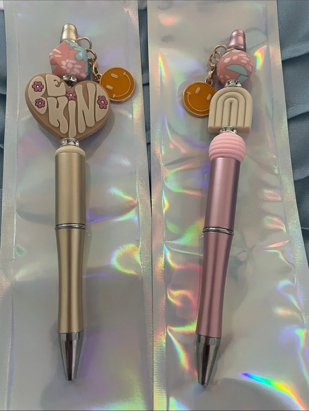 Hand Crafted Set of 2 Gold & Pink Charm Ballpoint Pens - Picture 1 of 1